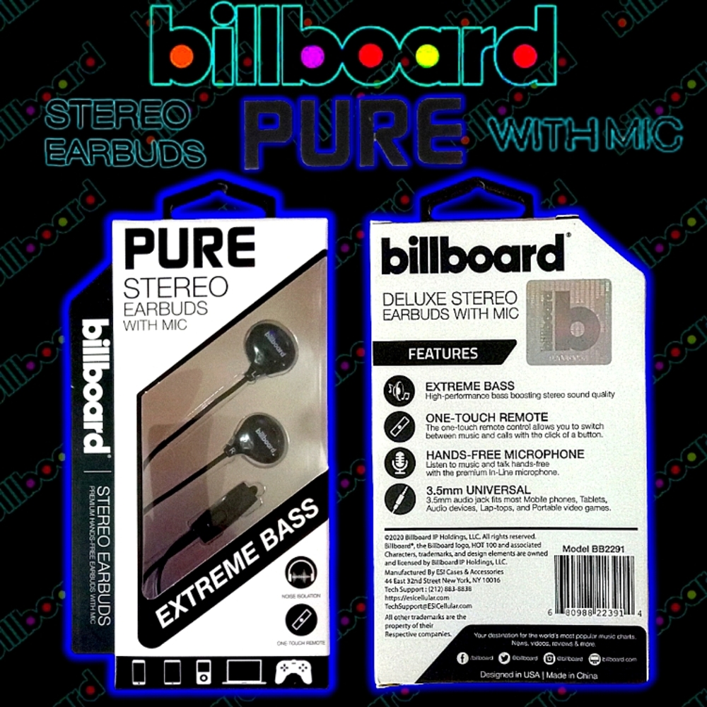Billboard PURE Stereo Earbuds with Mic | Extreme Bass | Black (Model BB2291)